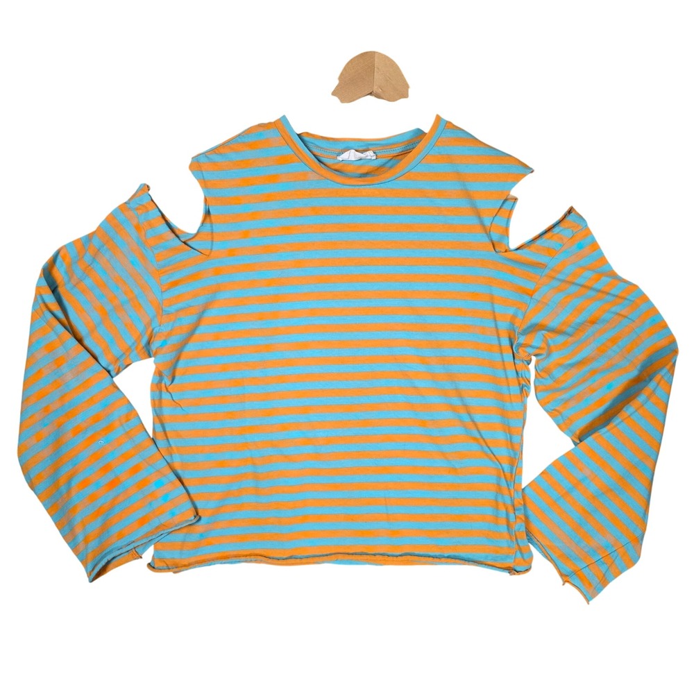 Meysikim Cold Shoulder Striped Long Sleeve Top Women Large Orange Blue Good Boho